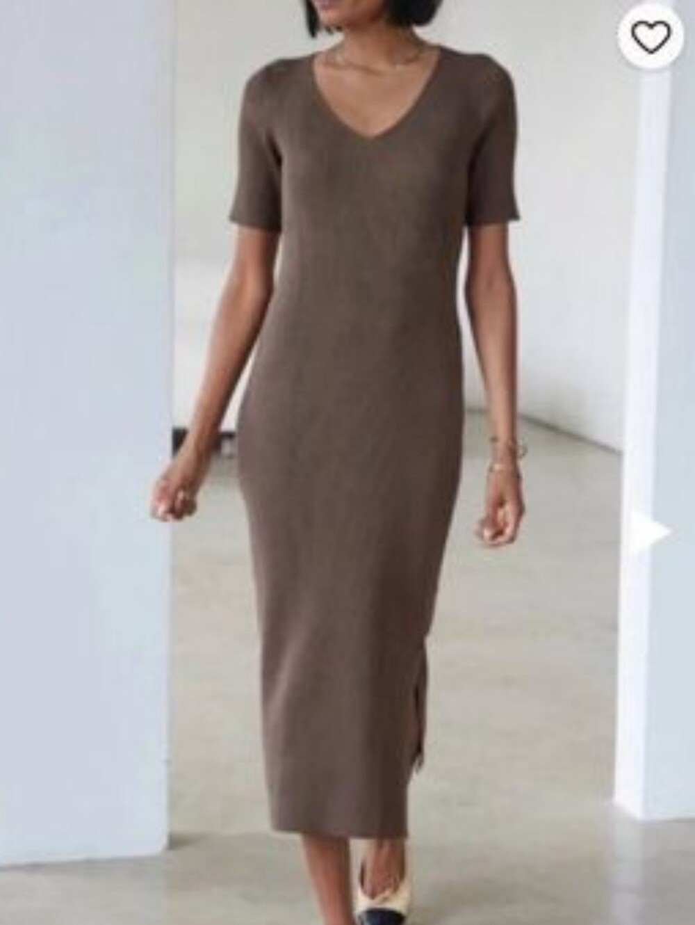 AYR Brown Ribbed Knit V-Neck Short Sleeve Midi Bodycon Dress Side Slit Size Med
